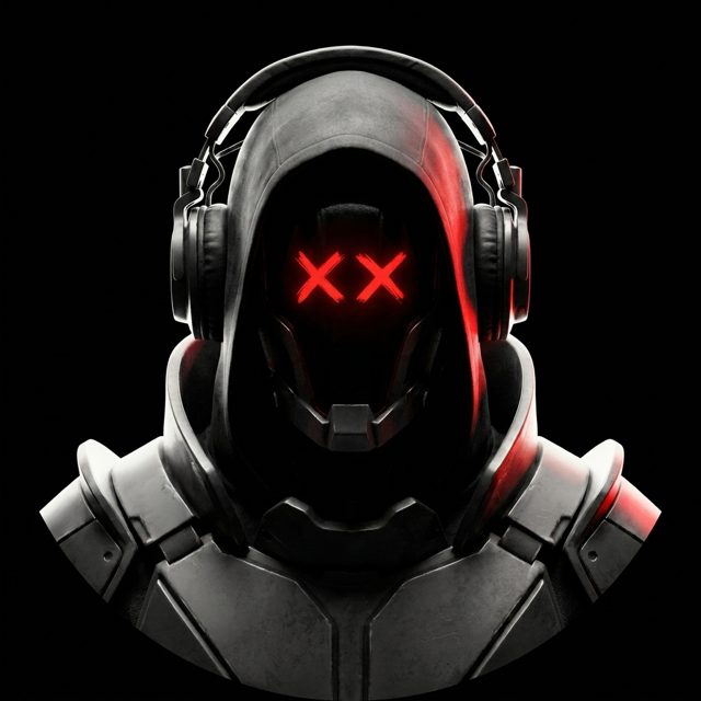Hexakin — hooded cybernetic enforcer with a blood-red XX crosshatch face